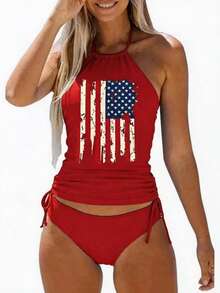 Women's Patriotic Swimwear – Independence Day Flag Tankini With Modest Bottom, Ideal For July 4th Pool Parties And Beach Fun,Slim Fit Runs Small Recommend Order One Size Up, Tummy Control Waist Ruched Cinching, Swimwear For Beach Vacation & Pool Party - 旗紅色 - 查看 9