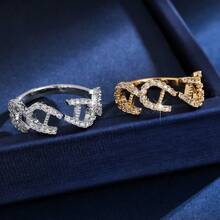 1 pieza Anillo abierto con forma de letra incrustado con circonita, elegante y lujoso, personalizado, adecuado para el lugar de trabajo, fiesta anual, reunión, combinación - Anillo abierto - Ver 3