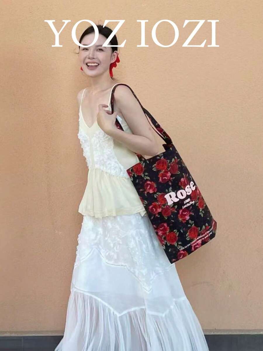 Sac fourre-tout décontracté de style vacances à grande capacité, avec imprimé floral tropical de rose noire, design de niche coréen INS - Rouge - Voir 1