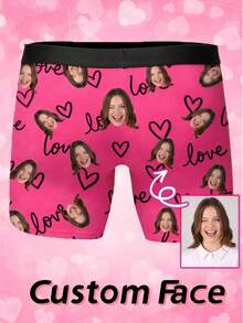 1pc Customized Face Photo Men's Boxer Briefs, Personalized Pink Heart Print Funny Underwear, Boyfriend Gift - Multicolor - View 5