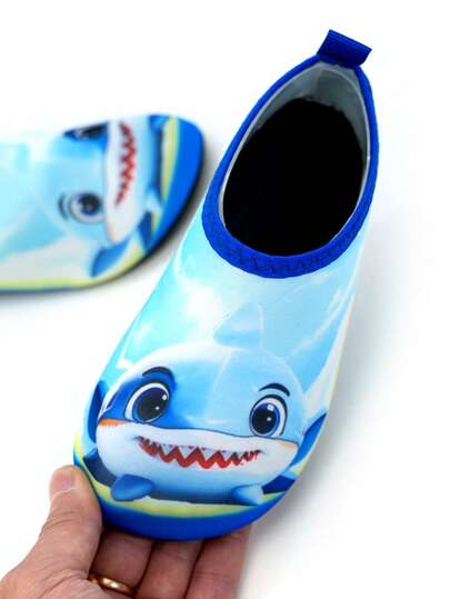 Kids Boys Water Shoes Light Blue Big Cartoon Shark Print TPR Anti-Slip Protective Aqua Socks For Water Activities