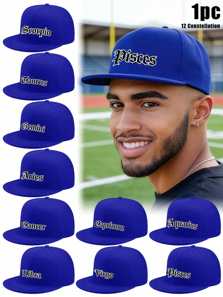 1 pieza Gorra de béisbol con visera plana con letras de los 12 signos del zodíaco, transpirable y ajustable, adecuada para hombres para correr y hacer ejercicio - azul real - Ver 1