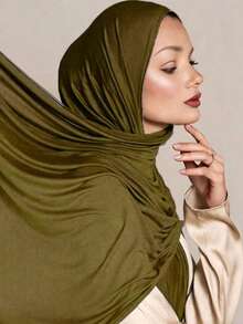 1PC New Large Knitted Turban Shawl Soft Headband Casual Turban Solid Color Women's Scarf, Suitable For Abaya Robe And Veil,Beach,Holiday - Army Green - View 1