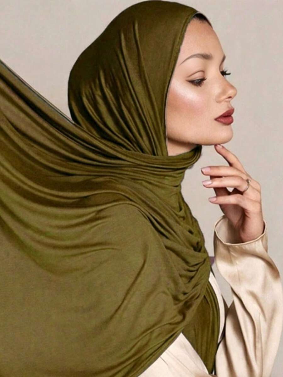 1PC New Large Knitted Turban Shawl Soft Headband Casual Turban Solid Color Women's Scarf, Suitable For Abaya Robe And Veil,Beach,Holiday - Army Green - View 1
