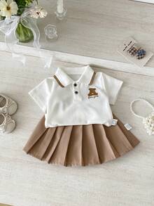 Baby Girl Cartoon POLO T-Shirt & Pleated Skirt 2pcs Set, School Season - Multicolor - View 5