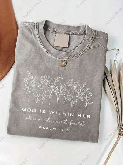 Flash  Limited Time Discount2026 Tops For Women - Inspirational Bible Verse T-Shirt - Psalm 46:5 "God Is Within Her, And She Will Not Falter" - Light Green Floral And Scripture Print, Soft Washed Vintage Casual Crew Neck Short-Sleeve Top, Suitable For Spring, Summer, And Autumn, Christian Faith Clothing. Loose And Comfortable Summer Tops Summer Outfits For Women Summer Tops 100 Percent Cotton