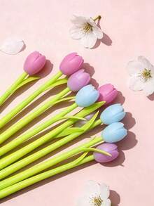 3/5/10 pezzi Penne a a tema tulipano che cambiano colore alla luce del sole, inchiostro nero, motivo floreale carino - adatte per decorazione d'ufficio, scrittura, sollievo dallo stress, regalo perfetto - tulipano - Visualizzare 9