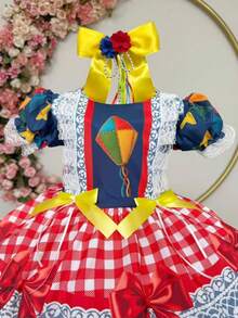 Vestido Infantil Junino Caipira São João Azul Xadrez Colorido - Azul - Visão 3
