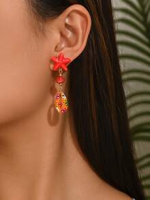 1 Pair Fashionable Elegant Ocean Theme Red Ceramic Small Starfish & Orange ABS Plastic Small Fish With Colorful Eye Print Scallop Pendant Earrings For Women, Summer Beach Vacation Jewelry, Suitable For Ocean Lovers, All Seasons Wear, Perfect For Dresses Or Tank Tops, Beach Vacation, Party, Daily Use, Ceramic High-Temperature Fired, Slight Imperfections Are Normal And Do Not Affect Beauty, Buy With Confidence - Multicolor - View 1
