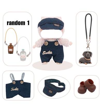Bộ quần áo liền thân, mũ kèm mặt dây chuyền bình nước, mặt dây chuyền chó, giày (Không bao gồm búp bê nhồi bông, chỉ có quần áo và phụ kiện)