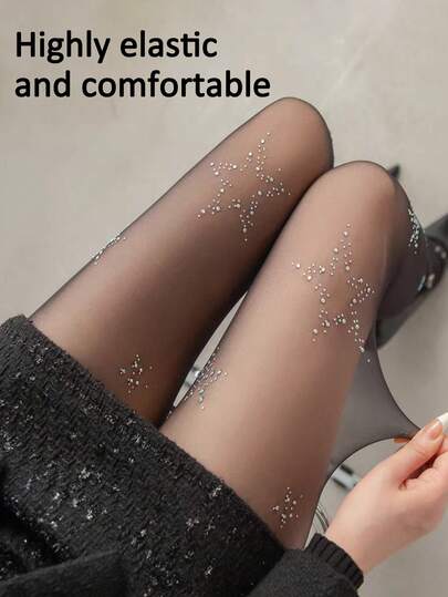 1pc Y2K Style Star Rhinestone Tights, Fashionable & Fun Pantyhose, Skin-Friendly Soft, Suitable For Street, Outdoor And Party