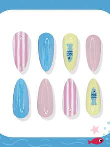 24pcs/Set Almond-Shaped Spring/Summer Ocean Element Cute Fish & Stripe Refreshing Beach Short Fake Nails, Suitable For Hot Girls, Office Ladies, Parties, Dates And Daily Wear - Multicolor - View 2