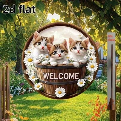 Biển chào mừng bằng gỗ kiểu cổ điển dành cho người yêu mèo, kích thước 20x20cm/8x8in, hình tròn, vòng hoa phong cách Boho, trang trí tường hình mèo, trang trí hiên nhà, quà tặng chủ đề thú cưng cho người yêu thích hộp vệ sinh cho mèo.