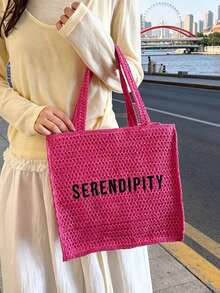 优雅简约草编包，SERENDIPITY刺绣字母，新款夏季海滩摄影度假编织手提包，大容量手提包/单肩包，通勤及外出皆宜 - 玫紅色 - 查看 3