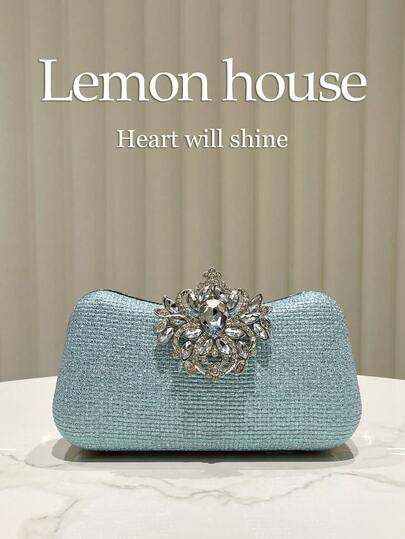 1pc Mint Green Glitter Elegant Plaid Rhinestone Luxury Evening Bag, Rhinestone Clasp Fashion Clutch Purse, Suitable For Formal Dinner, Party, Wedding, Ideal Gift For Women
