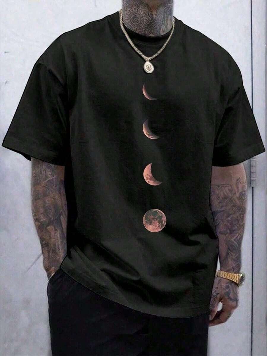 Manfinity LEGND Camiseta De Hombre Con Cuello Redondo Y Manga Corta, Patrón De Luna. - Negro - Ver 1