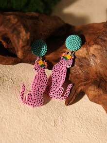 Statement Earrings - Handmade Seed Beaded Stud With Pink & Yellow Acrylic Leopard Cat Cheetah Animal Earrings, Tropical Rainforest Style Dangle Earrings - Perfect Valentine's Day, Couple, Or Friends Gift For Women And Girls, Suitable For Summer Vacation, Beach Party, Or Music Festivals Valentines - 粉色 - 查看 10