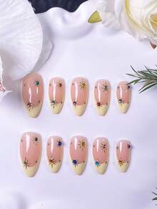 10 pièces d'ongles à presser faits main en forme d'amande, avec des pointes françaises bleues et jaunes ornées de motifs à pois et sculptés. Présentant des pointes françaises peintes à la main en bleu et jaune avec des pois blancs, et des motifs sculptés en 3D dégradés bleus soigneusement conçus. Autocollants d'art pour les ongles élégants, romantiques et minimalistes avec un attrait de luxe haut de gamme. Parfait pour le port quotidien, les sorties, les concerts et les occasions professionnelles décontractées, un cadeau idéal pour les femmes et les filles. - Multicolore - Voir 5