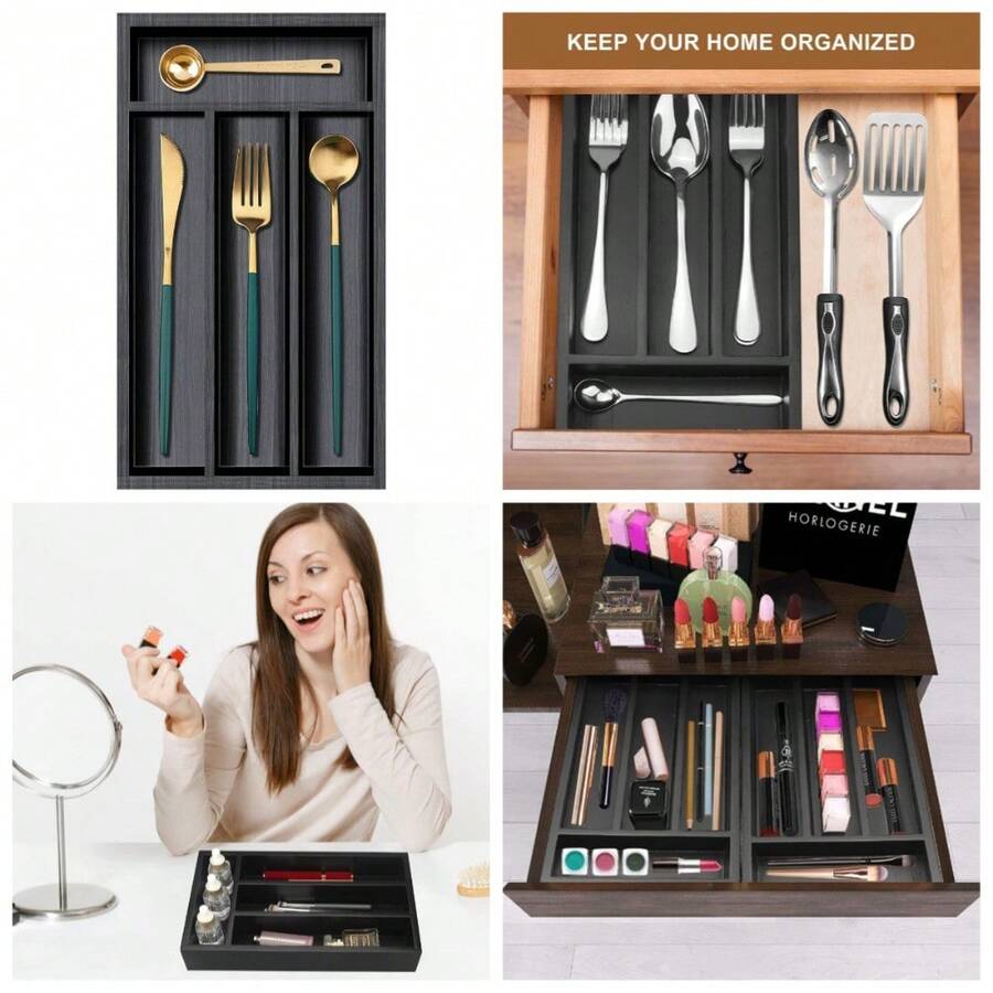 Narrow Bamboo Cutlery Tray Drawer Organizer 12x6.7 Silverware Utensil Holder Spoon Fork Knife Divider Storage Box Black Wood Flatware - 1 - 查看 1