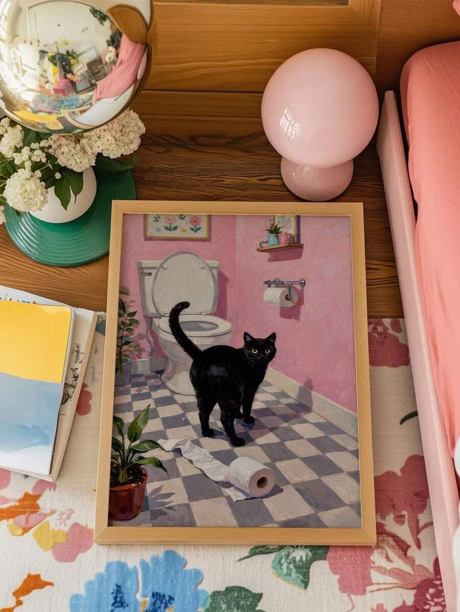 1幅无框黑猫墙面艺术海报,粉色浴室帆布画,漂浮卫生纸主题墙面装饰,奇幻艺术印刷品,现代墙面艺术,复古装饰海报,家居装饰,礼品 - 适用于客厅、卧室和家庭办公室 - 彩色 - 查看 1