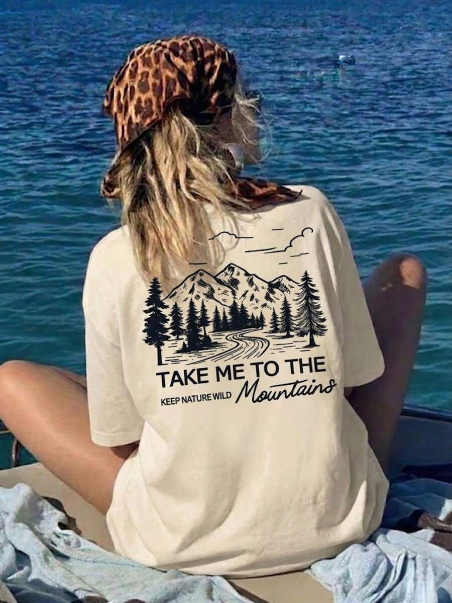 Áo thun nữ in hình "Hãy đưa em đến với những ngọn núi" | Áo thun phong cách thường ngày, ngoài trời, đường phố, màu be. - Màu be - Xem 1