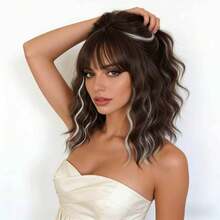 14" Brown Ombre Short Curly Bob Wig With Bangs For Women - Matte Heat-Resistant Fiber | Breathable Rose Net | Women Christmas Holiday Daily Wear - 挑染白色 - 查看 2