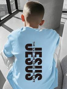 男童休闲印花圆领短袖T恤，夏季上衣 - 淺藍色 - 查看 3