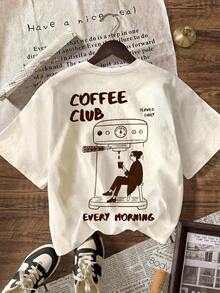 Camiseta gráfica Coffee Club, camiseta informal de manga corta con cuello redondo para mujer, ideal para primavera y verano. |   Diseño exquisito |   Suelto y cómodo |   Fácil de combinar | - albaricoque claro - Ver 3