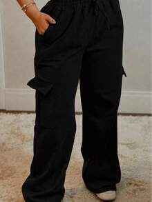 Women's Wide-Leg Cargo Pants With Fleece Lining And Cargo Pockets For Winter. - 黑色 - 查看 2