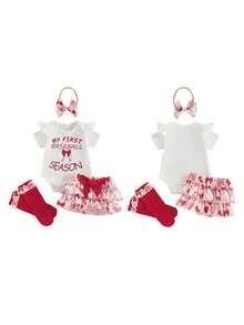 0-12Months Baby Girl My First Baseball Season Outfit Set, Ruffle Sleeve  + Ruffle Bloomers + Headband + Socks, Newborn Infant Sports Clothes - 白色 - 查看 10