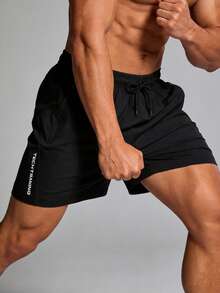 男士户外时尚印花拉链口袋抽绳腰休闲短裤，跑步、健身、篮球短裤，黑色夏季款 - 黑色 - 查看 2