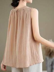 Débardeur rose vintage à col rond, plissé, ample et à la mode - Rose bonbon - Voir 5