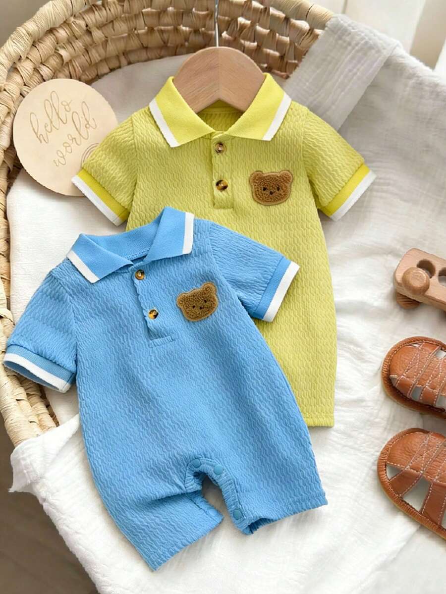 2件套夏季新款男婴POLO领刺绣小熊提花纯色短袖连体衣 - 黃色 - 查看 1