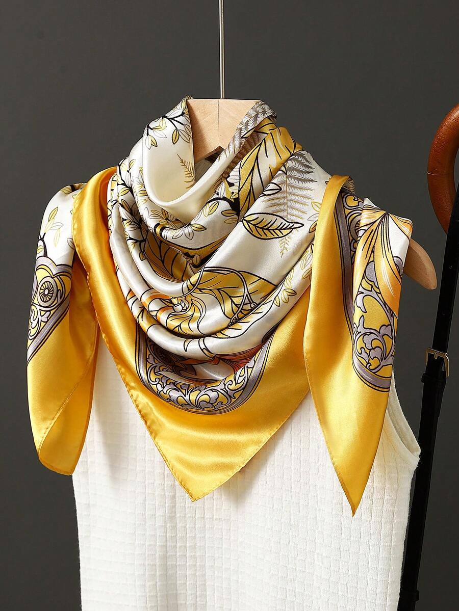 1条奢华印花真丝围巾，35.4英寸时尚披肩，女士新款方形围巾，90*90厘米，四季皆宜，适合海滩、度假等场合。 - 彩色 - 查看 1