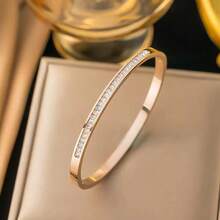 1 pièce Bracelet en acier inoxydable incrusté de strass pour femmes, bracelet polyvalent étincelant - Or rose - Voir 12