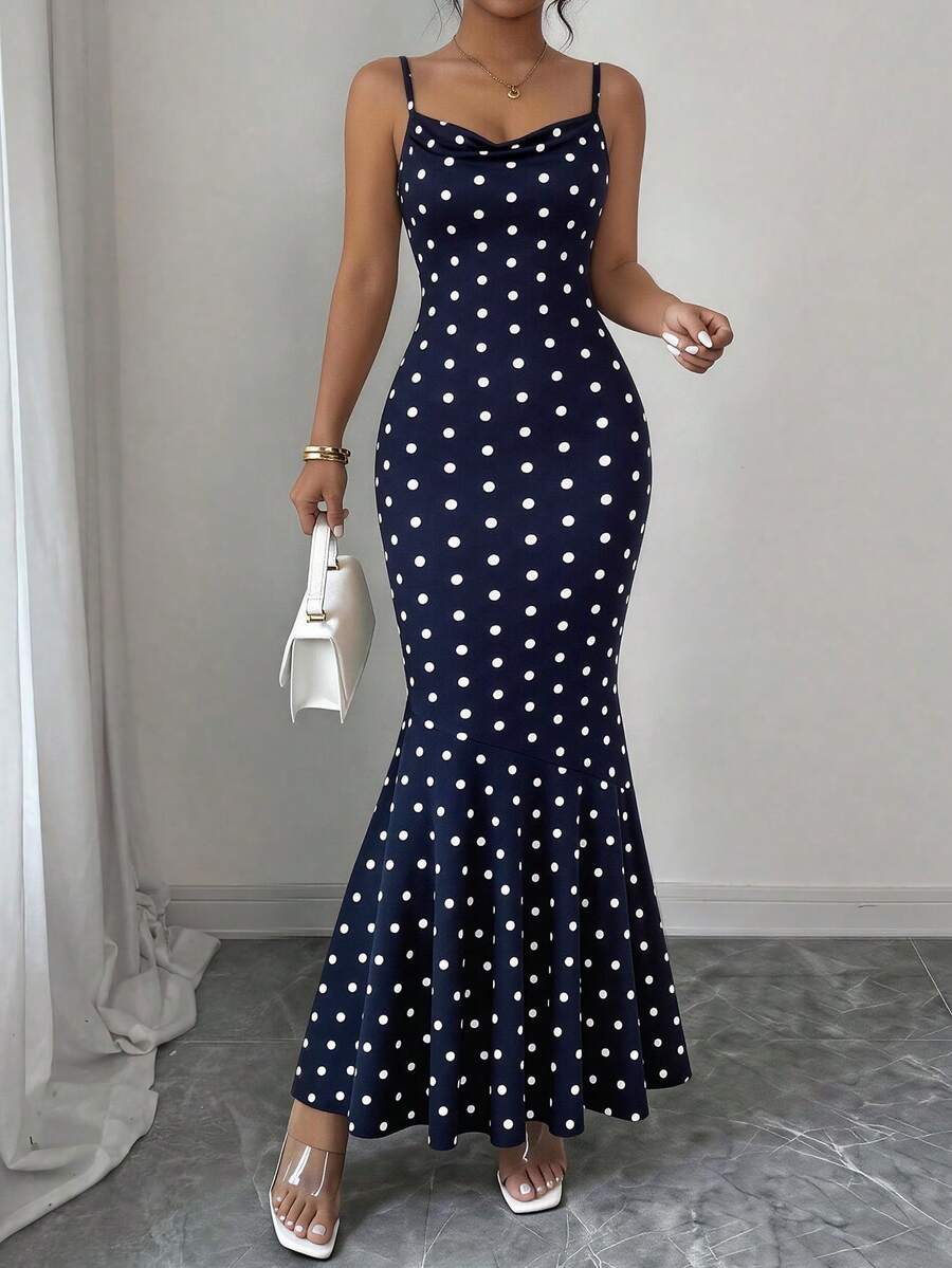 Women's Summer Dress, Polka Dot Spaghetti Strap Cowl Neck Bodycon Wedding Cocktail Mermaid Maxi Dress - 深藍底白點 - 查看 1
