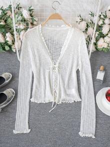 Áo khoác dệt kim cổ chữ V xếp nếp dễ thương cho nữ, áo choàng nhẹ mùa xuân/hè với cổ áo choàng, dây buộc và thiết kế khoét lỗ. - Màu be - Xem 7