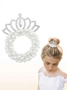 3件套女孩发圈，珍珠串珠皇冠发圈，弹力发绳马尾辫发圈，公主水晶闪亮发饰 - 白色 - 查看 18