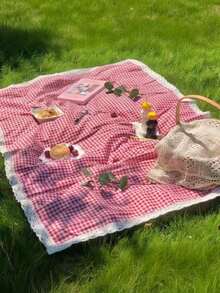 1pc Waterproof Charming Red & White Plaid Rectangular Picnic Blanket - Woven Rayon Tablecloth With Lace Edge, Foldable Double-Layer Sand-Proof Beach Mat With Strap, Suitable For Camping, Beach, Photography Background, Picnic Accessories - Red - View 2