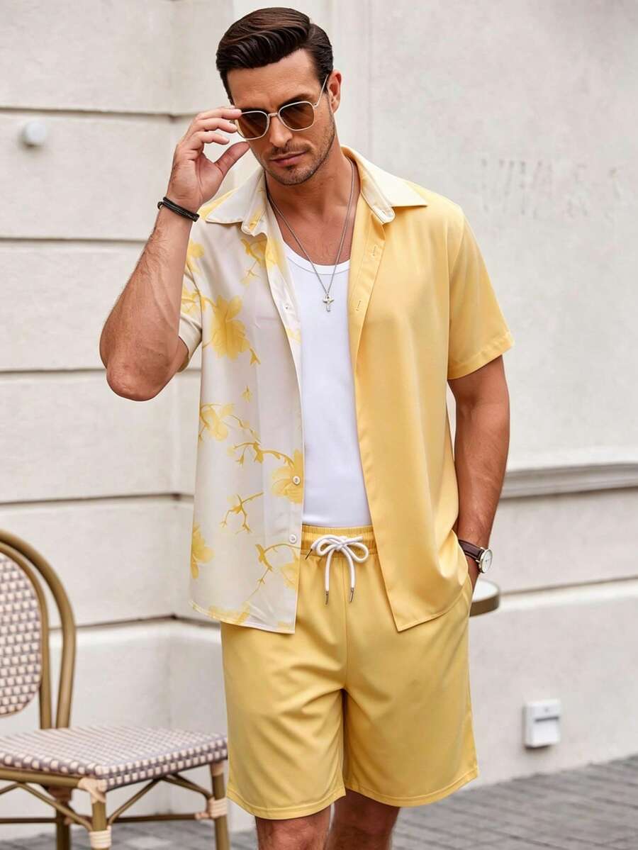 Conjunto de Camisa Estampada de mangacorta para hombre - Caqui - Ver 1