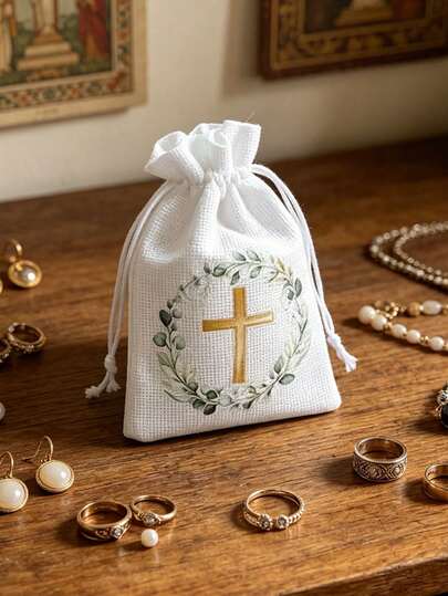 5pcs/Set Christening Party Favor Bags, White Linen Drawstring Bags For Baptism, Wedding, First Communion And Other Occasions, Party Drawstring Gift Bags, Christening Party Decorations