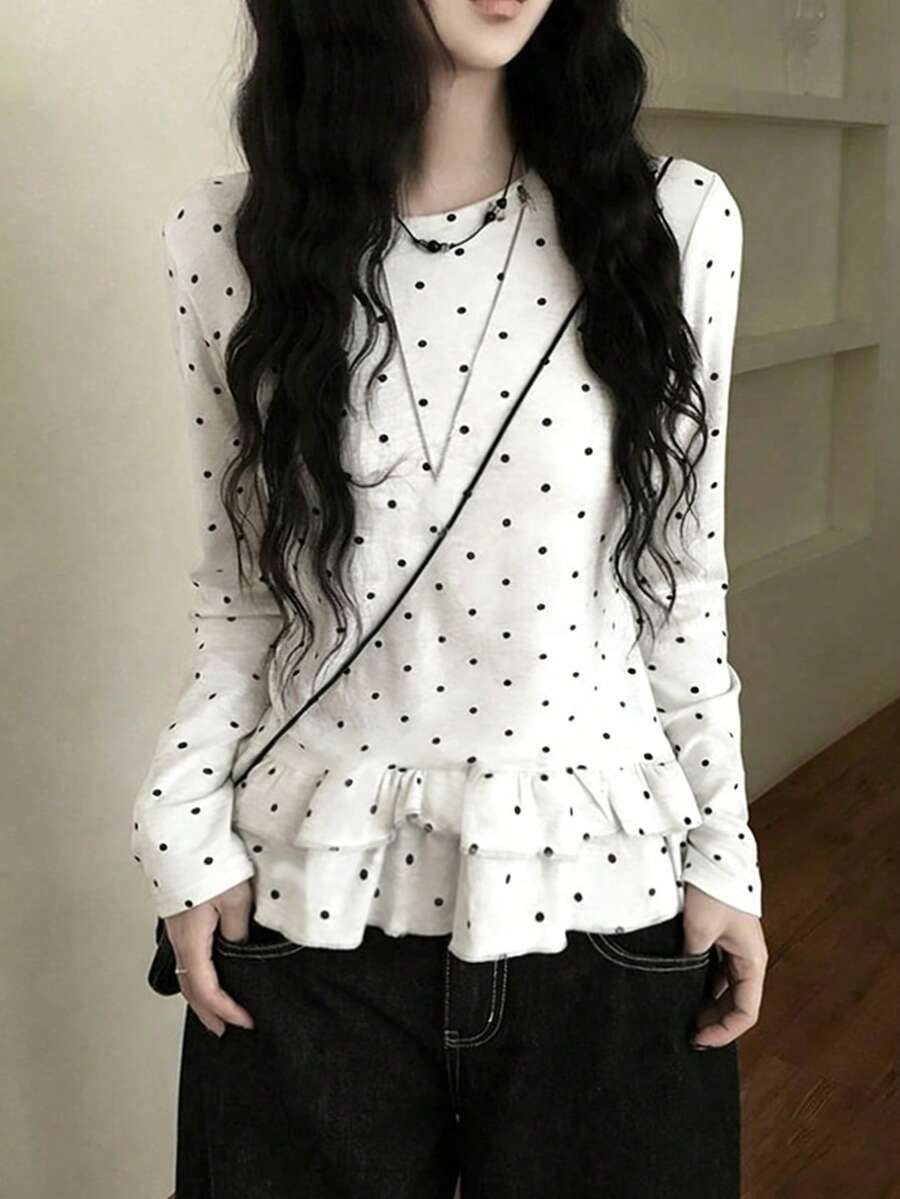 韓式圓領長袖波點印花女款T恤,秋季新款荷葉邊下擺度假休閒白色上衣 - 白色 - View 1