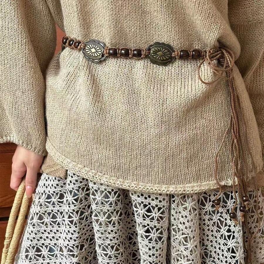 1PC Coconut Shell Wooden Bead Wax Rope Multi-Layer Woven Waist Chain Vintage  Belt Beach Vacation Style Versatile Waist Accessory - Bohemian Vintage Braided Rope Waist Chain - View 1