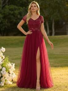 Robe de demoiselle d'honneur d'été pour femmes avec paillettes, maille contrastée et fente, convient pour les banquets de soirée formels, les fêtes et les mariages - Rouge foncé - Voir 4