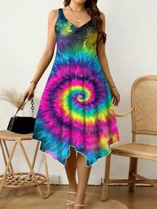 Colorful Tie Dye Spiral Print Women V Neck Sleeveless Dress Irregular Hem Design Comfortable Breathable Fabric Perfect For Vacation Casual Wear 250g - Nhiều màu - Xem 3