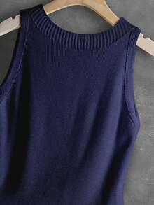 Women's Knitted Vest, Casual French Retro Literary Solid Color Camisole, Versatile Daily Wear Layering Cropped Sleeveless Knit Top, Spring & Summer - Navy Blue - View 7