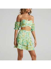 Women's Paisley Print Boho Mini Skirt, Ruched, High Waisted And Layered Ruffles. - Green Set - View 4