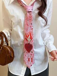 1pc Pink Flame Heart Tie, Suitable For Casual, Streetwear, Daily Wear, Party, Gift,Festival,Travel - Multicolor - View 3