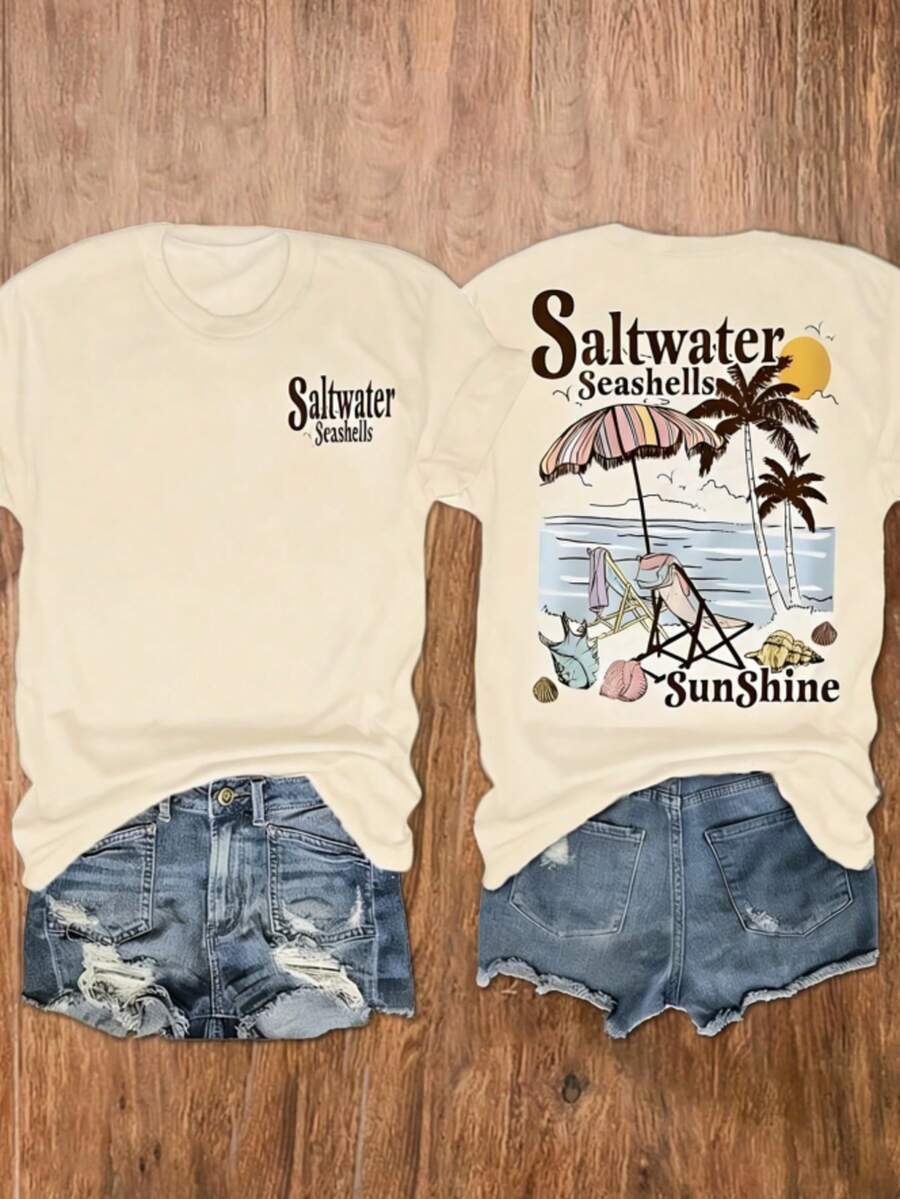 Women's Seashells & Beach Palm Tree Vacation Print T-Shirt, Casual Vacation Women's Short Sleeve Top, Women's Clothing - 杏色 - 查看 1