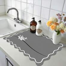 1pc Gray Background Blank Frame Multi-Purpose Absorbent Mat, Polyester Water Absorbent Countertop Protective Pad, Suitable For Kitchen, Dining Table Decor, Dish Drying, Washing Machine And Coffee Maker Pad, Bathroom Vanity Cup Coaster, Kitchen Accessories, Party Supplies - Line Drawing Of Lotus - View 12